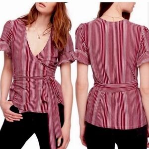Free People Cache Coeur Top Maroon Red Gray Stripe Bell Sleeve Festive Sz Small